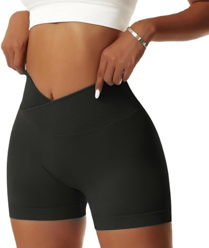 Vertvie Damen Gym Shorts V Cross Stretch Push Up Yoga Shorts Booty Scrunch Fitness Hosen Kurz High Waist Nahtlos Workout Sportshorts Butt Lift Kurze Leggings Sommer (Schwarz, M)