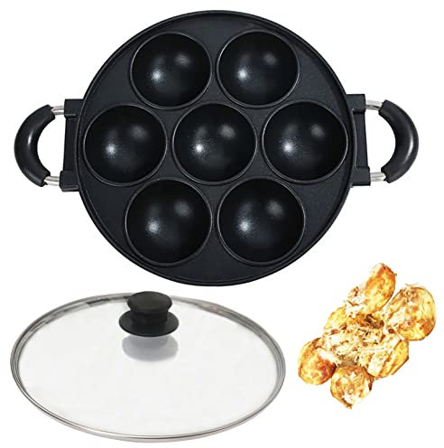 Heaunzy Japan Large Aperture Takoyaki Pan With Glass Cover - Multipurpose Baking Mold for Eggs, Poffertjes, Appam, Banh Khot, Cupcakes - Nonstick Takoyaki Maker, 0.95kg (7 Hole)
