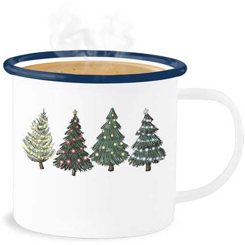 Emaille Becher Blechbecher - Weihnachtstasse Tasse Weihnachten - Weihnachtsbäume - 300 ml - Weiß Blau - weihnachtstassen christmas tannenbaum blechtasse weihnachtsmotiv weihnachtlich weihnachts