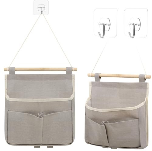 2 Stück Wand Organizer Hängend, Grau Wandoberhängetaschen, mit Haken, Faltbarer Wand Aufbewahrungstasche mit Taschen, Hängetasche Wand, für Schlafzimmer, Büro, Studie usw.(23×25×6cm)
