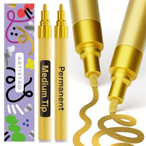 Artistro Permanent Marker Gold - 2 Stück Acrylstifte Gold - Wasserfest Filzstift mit 3 mm Spitze, Schnell Trocknender Glanzlackmarker für Textil, Stein, Keramik, Glas, Holz, Metall, Karton