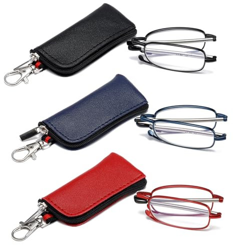 OWTXIS 3 Pack Folding Reading Glasses for Men Women, Keychain Compact Readers Blue Light Portable Pocket Eyeglasses (Black, Blue, Red, +1.75)