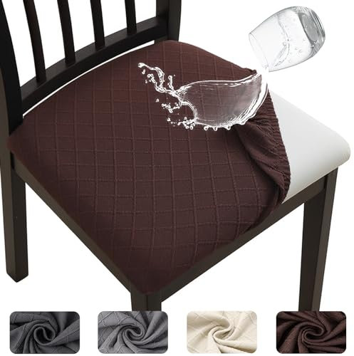 Meision Esszimmerstuhl Sitzbezüge TPU-Laminierung Wasserdicht 6er Set, Stretch Stuhlhussen Abnehmbare Waschbar, Esszimmerstuhl Sitzkissen Hussen für Küche, Esszimmer, Hotel, Hochzeit, Braun