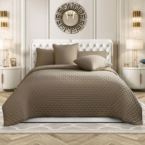 Elegante Gesteppte 3 Teilige Tagesdecke Vielseitige Wohndecke für Alle Jahreszeiten, Weiche Mikrofaser Wendbar Bettwäsche-Set, Bettüberwurf für Schlafzimmerdekoration, Wendbare Bettdecke (Braun)
