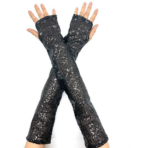 XCSJ Lange Pailletten Handschuhe Fingerlos Für Erwachsene - Performance Handschuhe Für Halloween, Cosplay, Party, Maskerade, Karneval, 49 * 9cm (Schwarz)