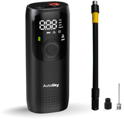 AutoSky Gonfleur de pneu – Compresseur d'air portable – Pompe à air pour pneus de voiture – Gonflage rapide – Pompe intelligente pour voiture, moto, vélo, balles et plus encore