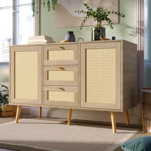 Goeria Kommode mit 2 Türen und 3 Schubladen, Rattan Sonoma Eiche, für Wohnzimmer Schlafzimmer, Verstellbare Ablage, Massivholzfüßen (120×82×40cm/mit 2 Türen und 3 Schubladen)