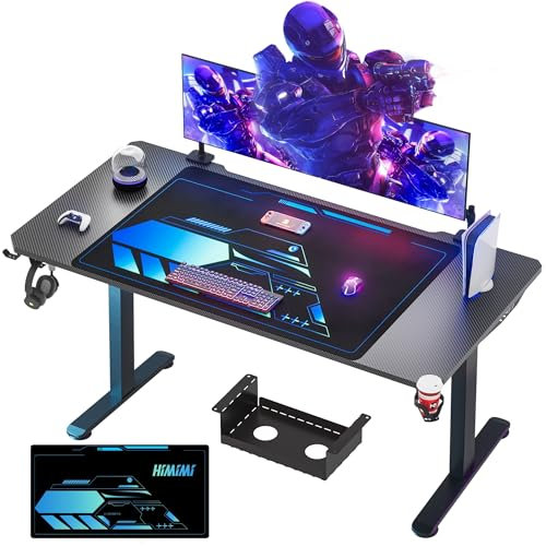 Himimi Scrivania Gaming 180×70cm,Tavolo Gioco Ergonomica,Postazione con Piano del Tavolo in Fibra di Carbonio, Scrivania per Computer con Porta Bicchiere e Ganci per Cuffie 180×70×80cm, Nero