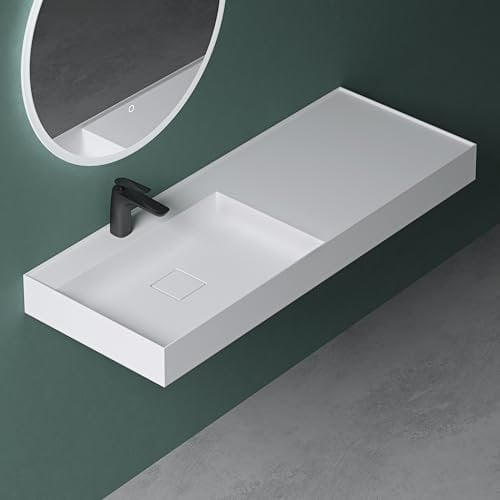 Mai & Mai Waschbecken Aufsatzwaschbecken Hängewaschbecken Waschtisch matt Weiß inkl. Ablaufgarnitur Mineralguss Rechteckig Waschplatz Breite: 120cm Colossum630
