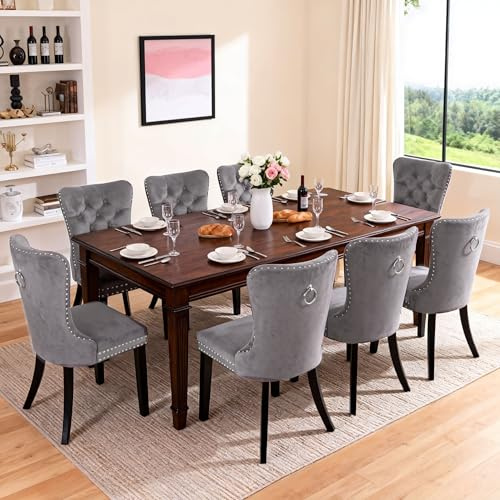 ARTETHYS Esszimmerstühle 8er Set Samt Gepolstert Nagelkopf-Verzierung, Grau | Mit Eichenbeinen, Tragkraft 150 kg, Chesterfield-Hoher Rückenlehne, für Esszimmer & Wohnzimmer, 50x54x94 cm