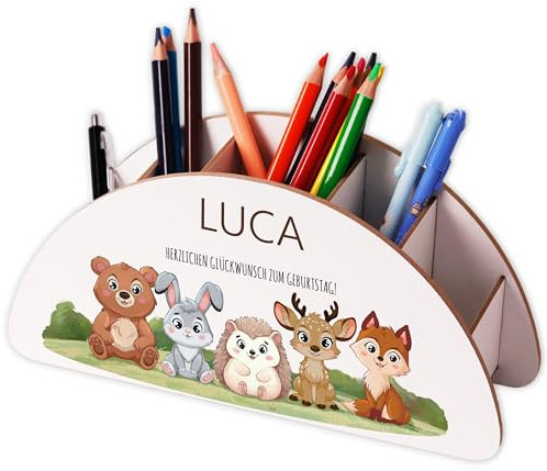 LAUBLUST Personalisierter Schreibtisch Organizer für Kinder - Holz Stiftehalter mit Name | Waldtiere Motiv - Geschenk zur Einschulung & Geburtstag | Stifteköcher als Büromaterial Kindertisch Organizer