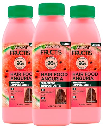 Garnier Fructis Hair Food Anguria Shampoo Rimpolpante Vegano per Capelli Fini Senza Siliconi Ingredienti di Origine Naturale - 3 Flaconi da 350ml