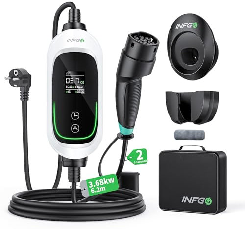 INFGO Mobile Wallbox 3,68kW [1-phasig, 6,2m, 6-16A], EV Charger mit Einstellbarer Ladeleistung & Timer-Funktion, Typ 2 Ladekabel Schuko für Model Y/3, ID.3, i4, EQB, e-tron und weitere PHEV/EV, Weiß