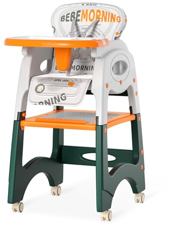 YRHome 6-in-1 Baby Hochstuhl Umwandelbarer Hochstühle für Babys und Kleinkinder Kindertisch und Stuhl-Set Mit Rädern & Sicherheitsgurt & Verstellbare Rückenlehne Bausteintisch Orange & Weiß Bis 50 KG