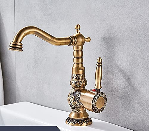 WACEH Faucet Laiton Antique Lavabo de Salle de Bain Robinet Sculpté Bec Long Lavabo Robinet 360 Rotation Mitigeur Mitigeur, Court, Laiton Antique Tap