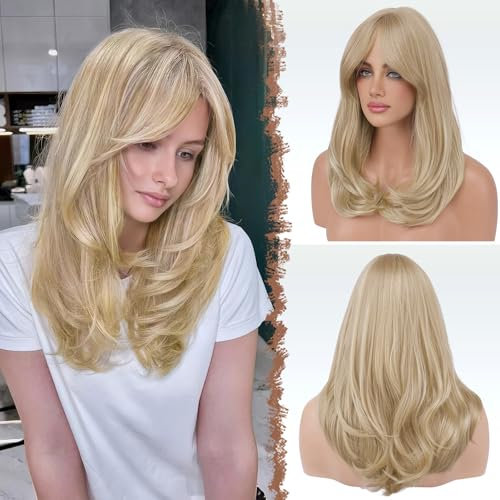 FESHFEN Lang Perücken mit Pony, Damen Perücken Dreckiges Blond Synthetik Haar Natürlicher Look Kunsthaar Haarperücke für Frauen für Tägliche Party Cosplay 45 cm