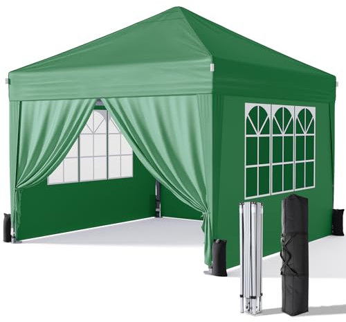 Driftalia Gazebo with Sides 3m x 3m, Waterproof Pop Up Gazebo with 4 Sandbags and Carry Bag for Parties, Camping, Commercial Events - Dark Green