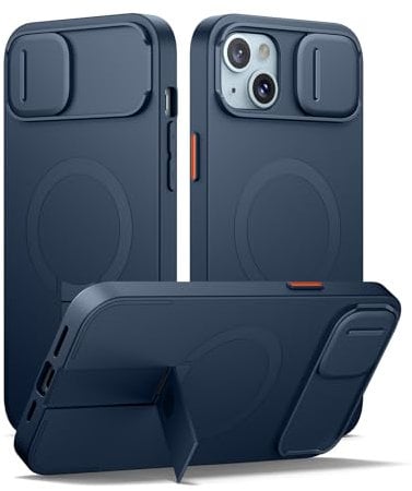 SURITCH Magnetic Case Compatible with iPhone 14 plus/15 plus, Shockproof Protective Cover with Slide Camera Cover and Adjustable Kickstand(Deep Blue)