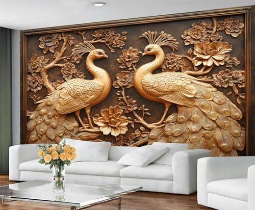 GIVLWF Embossed Peacock Wallpaper, Peacock Feather Peel and Stick Wallpaper for Bedroom, Elegant Animal Wall Paper for Living Room, Retro Bird Wall Mural, Mysterious Large Mural & Room Decor