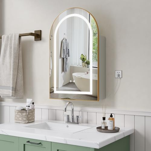 Armoire de salle de bain à LED, avec miroir anti-buée et étagères réglables, 3 rangements peu encombrants, porte-sèche-cheveux, éclairage 3 couleurs, avec prise européenne 1 AC + 2 USB) (blanc)
