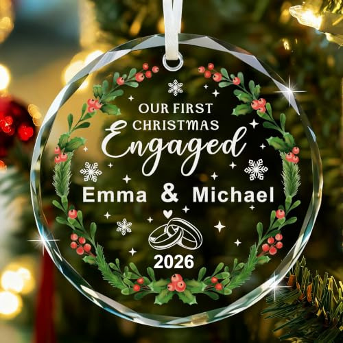 EDSG Personalised First Christmas Engaged 2026, Personalised Christmas Bauble, 1st Engagement Bauble, Custom Acrylic Xmas Tree Decorations Gifts for Engaged(Design 4, Round)