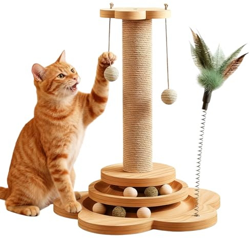 4 in 1 Katzenspielzeug, 46cm Kratzbaum für Katzen Sisal Kratzsäule Klein Kratzbaum mit Hängenden Bällen und Federn Interaktives Katzen Spielzeug