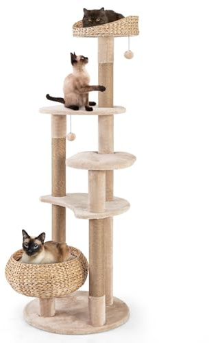 GYMAX Cat Tree, 164cm Cattail Cat Tower with Sisal Scratching Posts, Perch, Cat Bed & Dangling Balls, Hand-Made Wicker Multi-Level Kitty Activity Center for Indoor Cats
