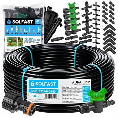 SOLFAST Tropfschlauch Set 50 m 16 mm 92-teilig – Bewässerungssystem Tropfbewässerung für Garten, Gewächshaus, Pflanzen