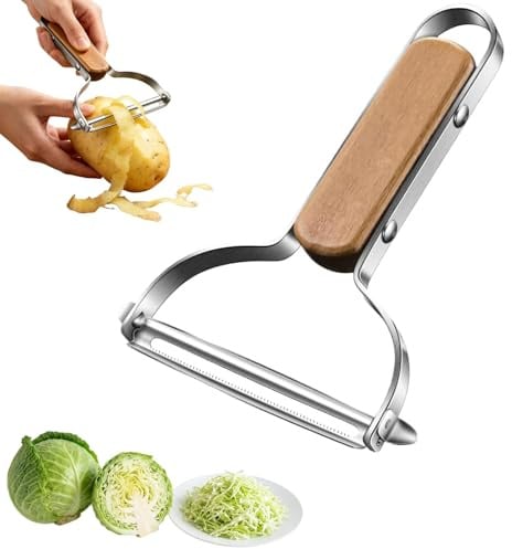Pelapatate in Acciaio Inossidabile con Impugnatura ErgonomicaLama Larga 9cm, Manico in Legno Naturale, 74g Leggero, Ideale per Frutta e Verdura, Utensile da Cucina Multiuso, Grigio