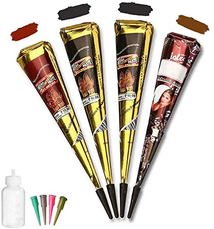 Temporary Tattoo kit，4Pcs Tattoo Cones,100% Natural Ready to Use Black Tattoo Paste, India Body DIY Art Painting for Women Men Kids with 20 Adhesive Stencils, 1 Bottle, 4Nozzles