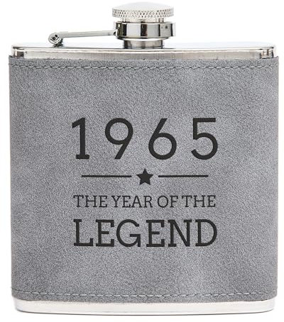 Engraved Grey Hip Flask - 1965 Year of The Legend Design - 60th Birthday Gifts for Men Him - 6oz Leather Wrapped Canteen