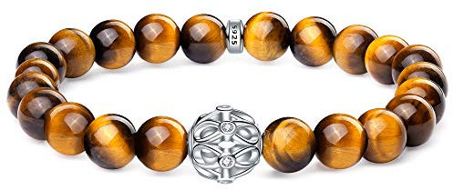 J.Endéar Natürliche Edelstein Armband Damen, 8mm Armband Tigerauge Perlen, Unendlichkeits Armband mit 925 Sterling Silber Unendlichkeits-Charm, Geschenk für Frauen