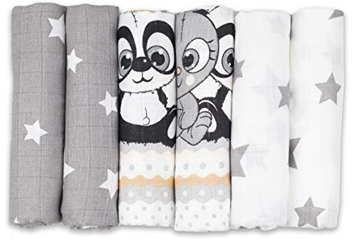 FENSILO - Mulltücher - Mullwindeln - 6er Pack 70x80 cm - Stoffwindeln, Made IN EU, schadstoffgeprüft -Spucktücher Baby für Jungen und Mädchen– Baby Mullwindeln - Grau – Weiss