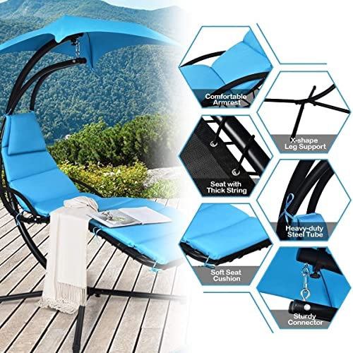 Xinduolei Hanging Hammock Reclining Seat W/Arc Stand Canopy Umbrella Ergonomic Sleeping Surface Patio Chair Outdoor Porch Swing Chair 189 X 90X 200 Cm Orange (Color : Blue)