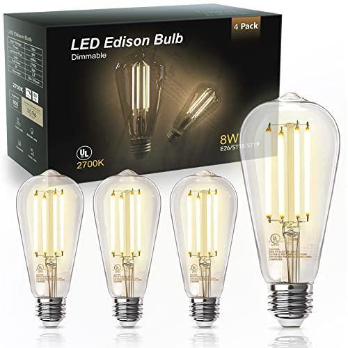 TJOY 4 Pack Edison LED Light Bulbs, E26 Base, 8W 2700K, Dimmable