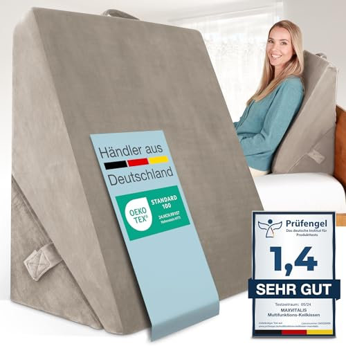 ELONEO Multifunktionales Keilkissen, Rückenkissen, Kniestütze, Beinstütze, Venenkissen für Couch und Sofa, Lesekissen, Größe W55 x H56 x L30. 5 cm, Beige