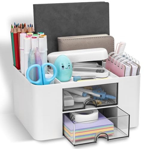 RISEMART Desk Organiser with 2 Drawers, Desk Tidy Organiser with Pen Holder, Large Capacity Desktop Organizer Stationery Storage Box for School Office Home Makeup Desk Supplies (White)