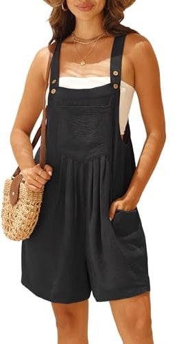 IWOLLENCE Short Dungarees For Women UK Adjustable Shoulder Straps Sleeveless Rompers with Front Pocket Maternity Jumpsuit (Black, M)