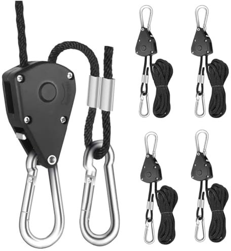 4Pack Seil Ratsche mit Haken - Ratchet Hanger 2m verstellbar Seilaufhänger Ratschenseil Seilzugratsche Ratschenhaken, Verstärkt 75kg Gewichtskapazität, Ratschenseil für Pflanzenlampe