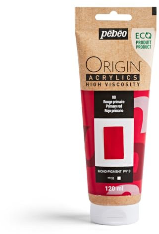 Pebeo - Origin Acrylics 120 ml - Peinture Acrylique Éco-Conçue - Haute Viscosité - Finition Mate - Liant 100% Recyclé - 96% de Matières Premières d’Origine Européenne - Rouge Primaire