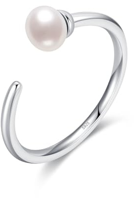 IMINI Perle Ring 925 Sterling Silber für Frauen und Mädchen Perlenring Offene Statement Ringe Verstellbar Ring Band Vertrauensring Fingerring Promise Ringe