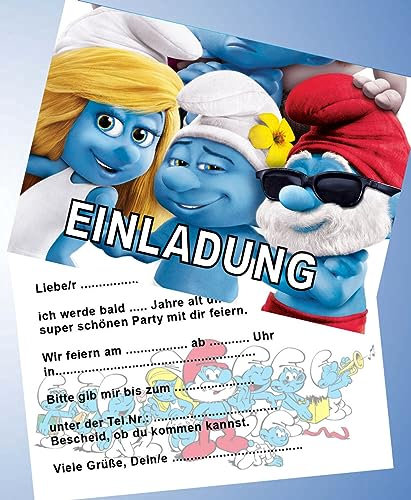 VSW 12 Einladungskarten & 12 Umschläge für Geburtstag Partys und Kindergeburtstag Die Schlümpfe Nr. 113