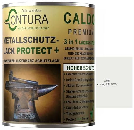Contura 3in1 Rostschutzfarbe Metallschutzlack Seidenmatt RAL Metall Lack Farbe Grundierung (RAL 9010 Weiß, 500ml.)