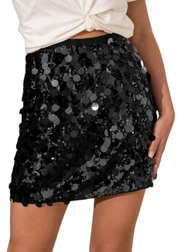 CUPSHE Damenrock mit Pailletten, Glitzer, hohe Taille, funkelnd, glänzend, Hüft Wickelrock, Minirock, zum Ausgehen, Party, Schwarz A, XL
