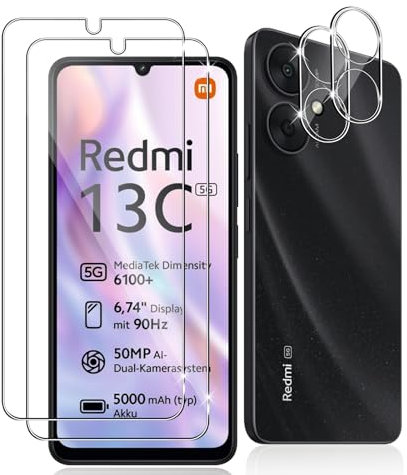 Datree 2 Pièces Verre Trempé pour Xiaomi Redmi 13C 5G, 2 Pièces Caméra Arrière Protecteur,9H Dureté/Anti-Rayures/Sans Bulles/Ultra Résistant,Protection écran
