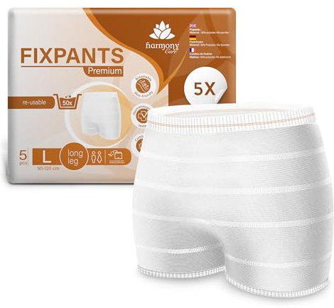 Harmony Care® Fixpants Premium - extra weiche Netzhosen bei Inkontinenz und Wochenbett - Fixierhosen für Inkontinenzeinlagen, zuverlässig haltende Netzunterhosen Netzhöschen Long Leg - L 5 Stück