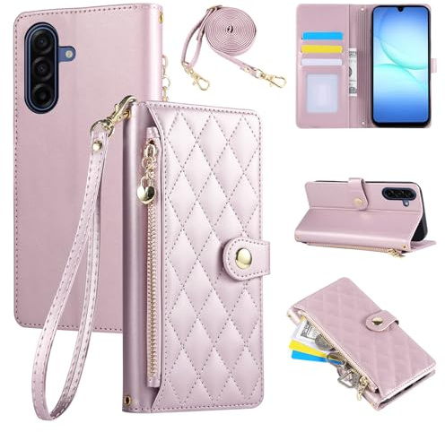 Rosbtib Handyhülle für Samsung Galaxy A17 4G / 5G Hülle mit Band Rosa | Premium PU Leder Wallet Klapphülle mit Kartenhalter & Ständer Stoßfest Schutzhülle Kompatibel mit Galaxy A17