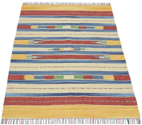 WAWA TEPPICH Kelim Teppich handgewebt Natur 120 x 170 cm | Kelim Teppich handgewebt aus 100 % Wolle, handgefertigt in Indien