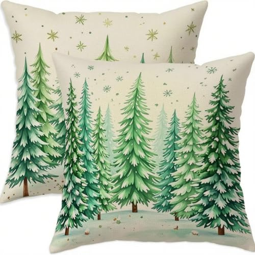 Mefooge Winter 2er-Set Kissenbezug 35x35cm Weihnachten Dekokissen Wasserdicht Leinen Kissenbezüge Grün Doppelseitig Drucken Kissenhüllen Für Wohnzimmer Schlafzimmer Sofa Modern Deko Kissen H310