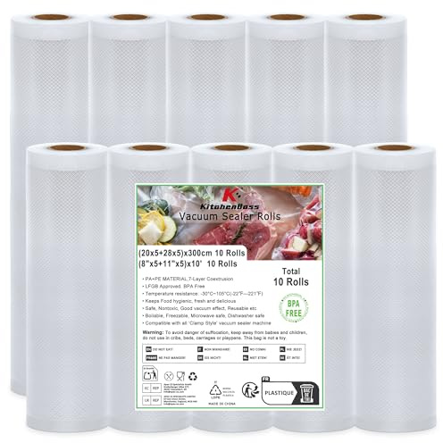 KitchenBoss Rollos Envasadora al Vacio:10 Rollos Bolsas Vacio Alimentos Gofradas, 20/28 x 300cm, Bolsas Envasar al Vacio para Alimentos y Sous Vide Cocina, Compatibles con Selladoras al Vacío
